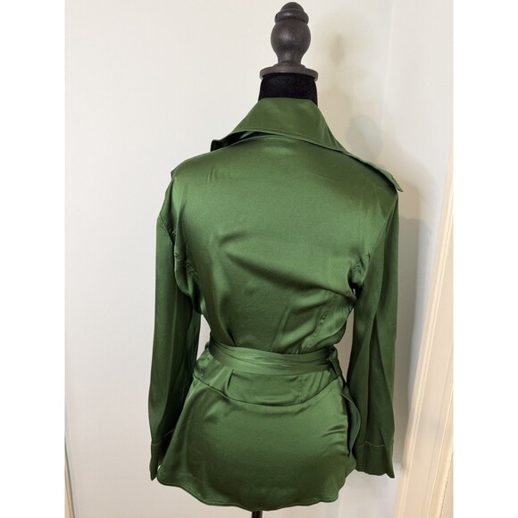 Diane von Furstenberg DVF Green Silk Blend Wrap Top Blouse Long Sleeve Sz 10 - Picture 11 of 14